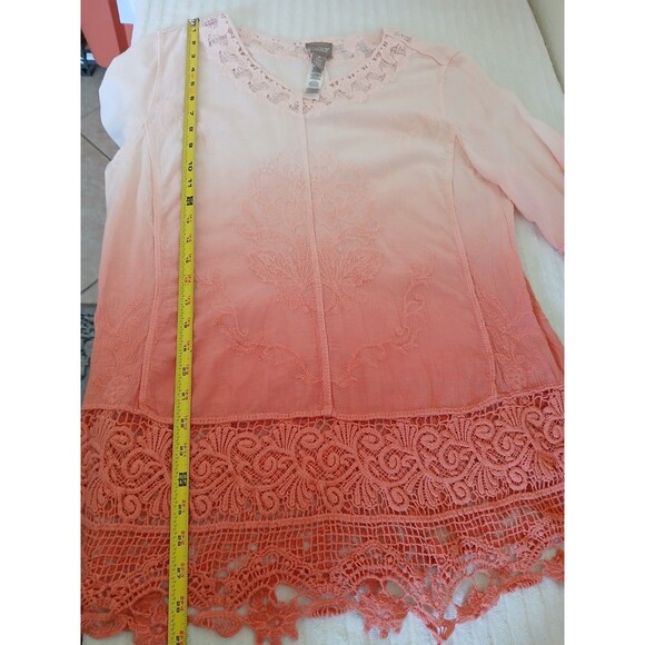 Chico’s Women's 2 Large Ombre Lace Trim Boho Tunic Top 3/4 Sleeve - Picture 8 of 15